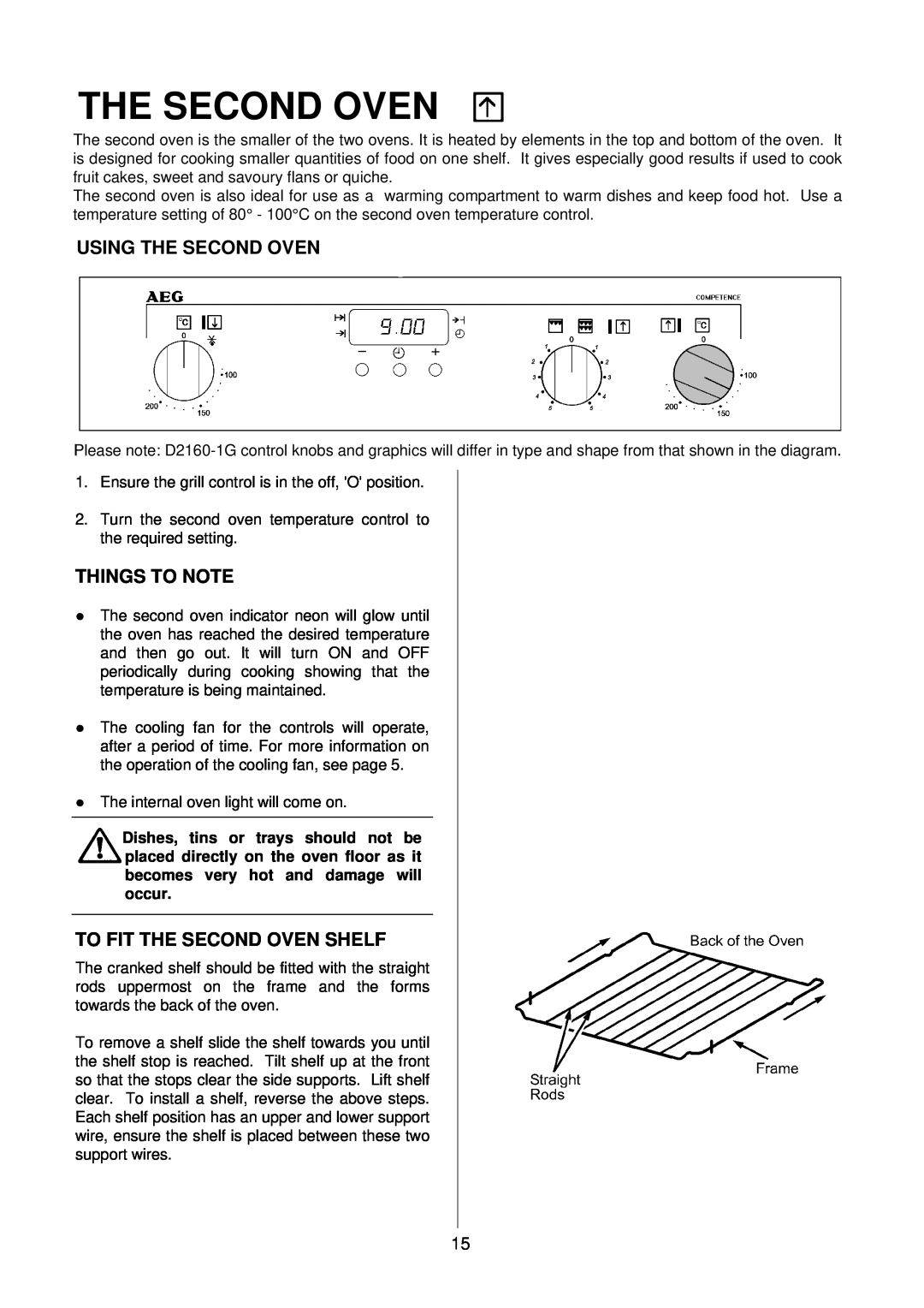 Electrolux D2160-1 operating instructions Using The Second Oven, To Fit The Second Oven Shelf, Things To Note 