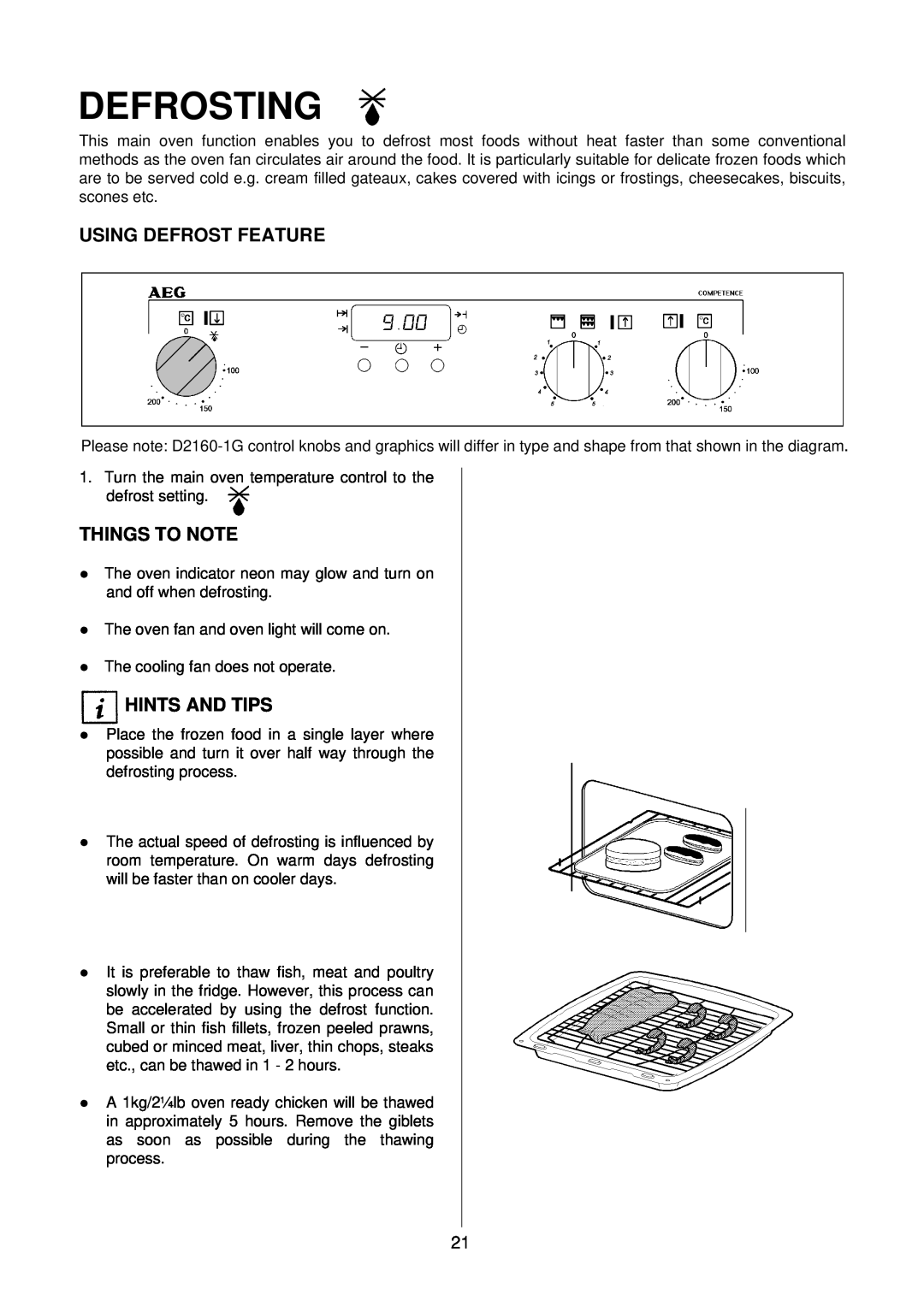 Electrolux D2160-1 operating instructions Defrosting, Using Defrost Feature, Things To Note, Hints And Tips 