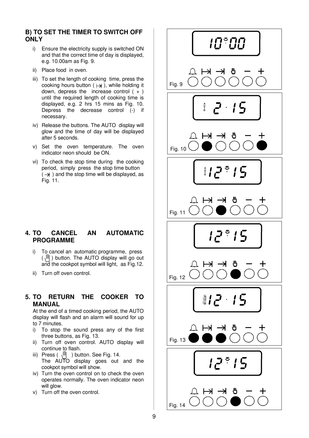 Electrolux D2160 To SET the Timer to Switch OFF only, To Cancel AN Automatic Programme, To Return the Cooker to Manual 