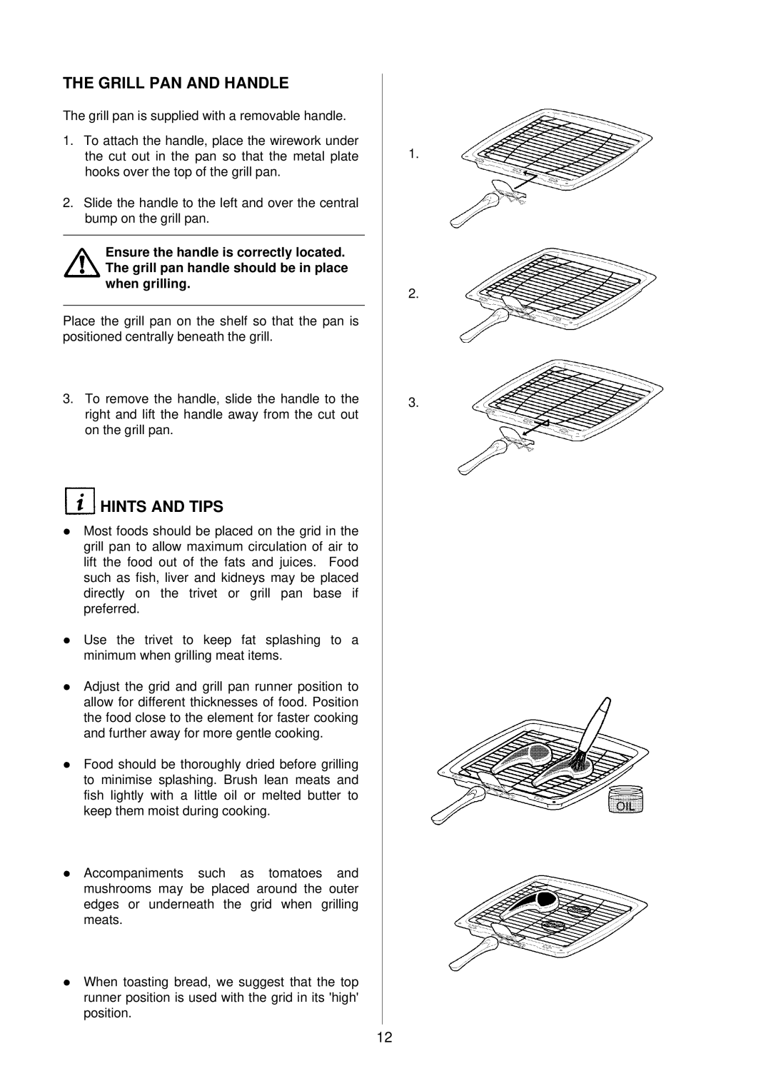 Electrolux D2160 installation instructions Grill PAN and Handle, Hints and Tips 