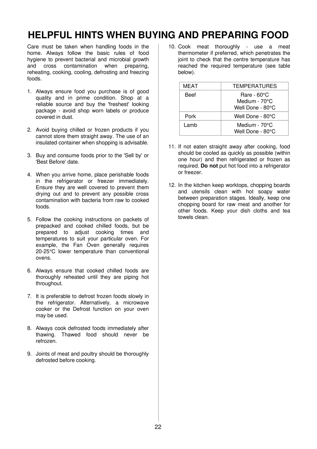 Electrolux D2160 installation instructions Helpful Hints When Buying and Preparing Food, Meat Temperatures 