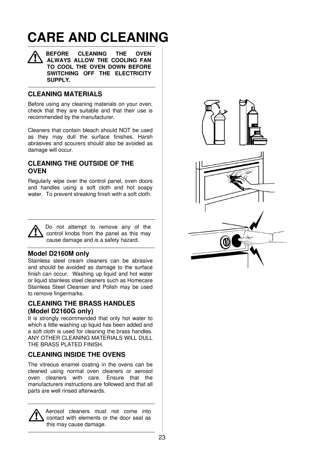 Electrolux D2160 Care and Cleaning, Cleaning Materials, Cleaning the Outside of the Oven, Cleaning Inside the Ovens 