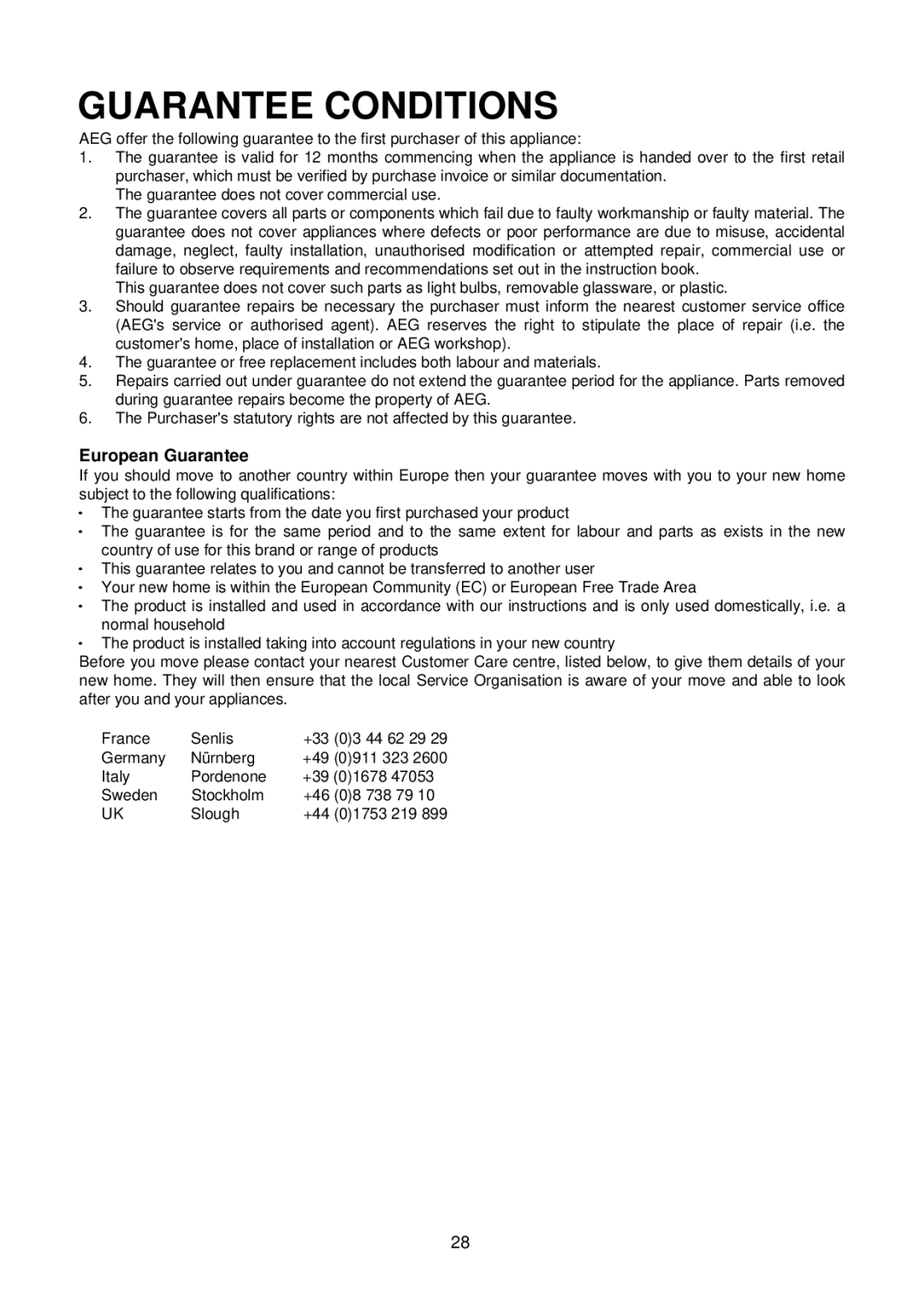 Electrolux D2160 installation instructions Guarantee Conditions, European Guarantee 