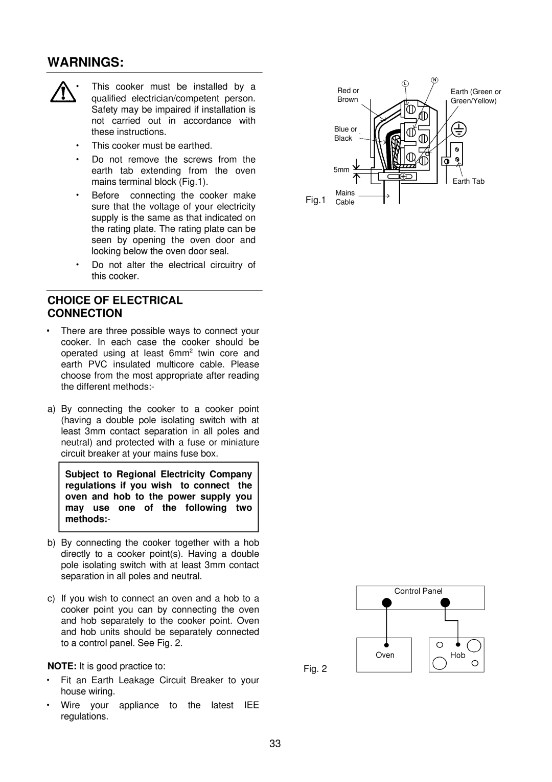 Electrolux D2160 installation instructions Choice of Electrical Connection, Cable 