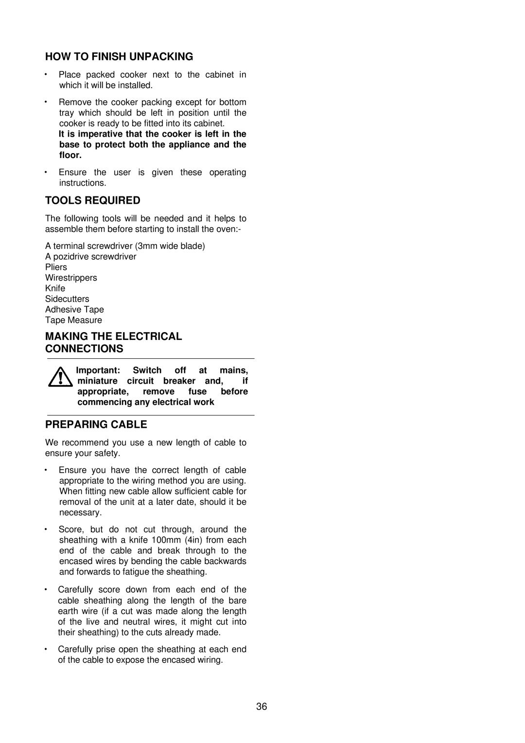 Electrolux D2160 HOW to Finish Unpacking, Tools Required, Making the Electrical Connections, Preparing Cable 