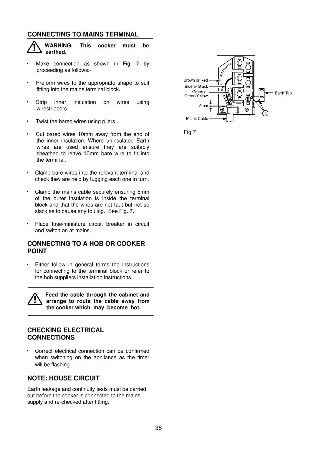 Electrolux D2160 Connecting to Mains Terminal, Connecting to a HOB or Cooker Point, Checking Electrical Connections 