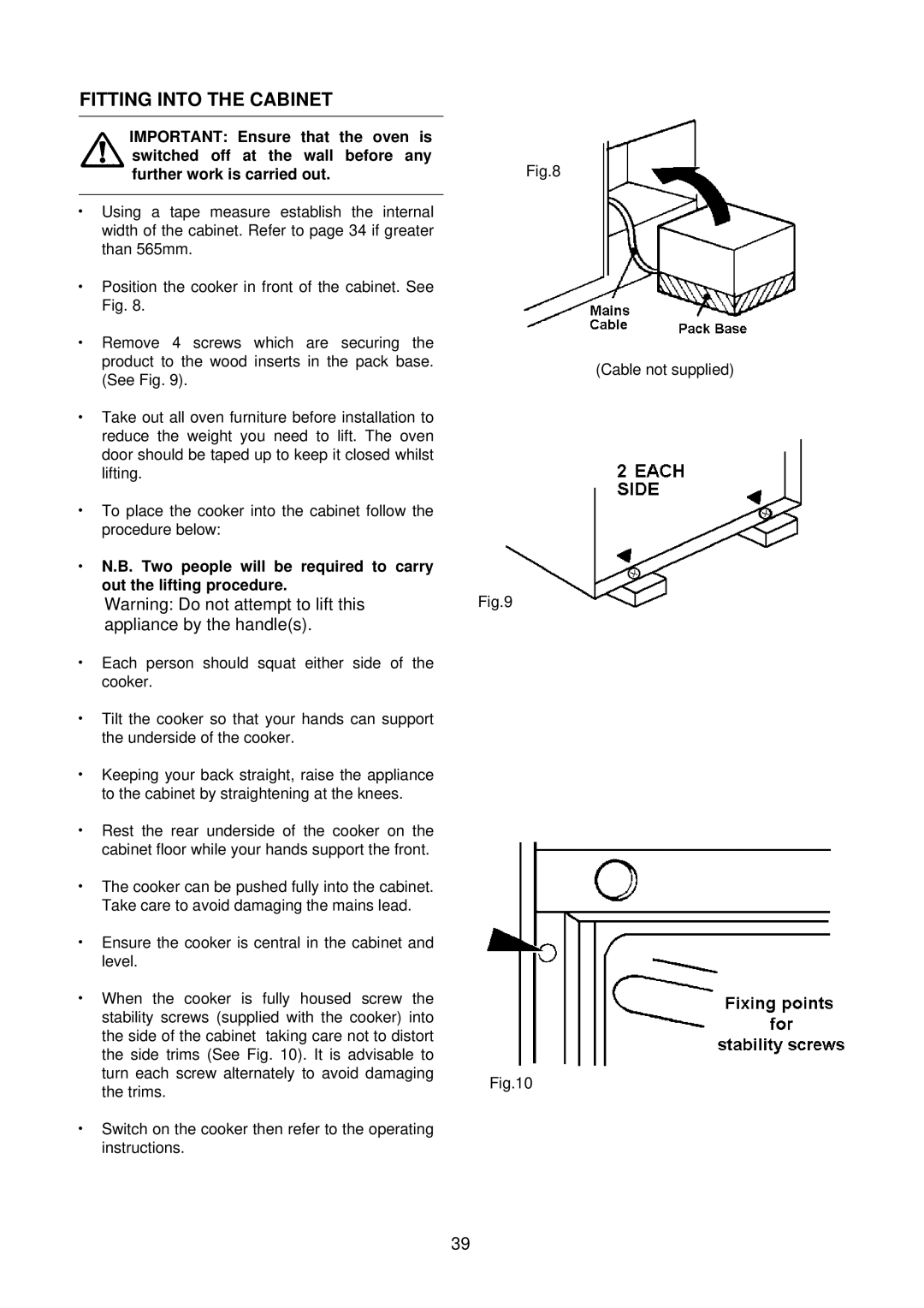 Electrolux D2160 installation instructions Fitting Into the Cabinet 