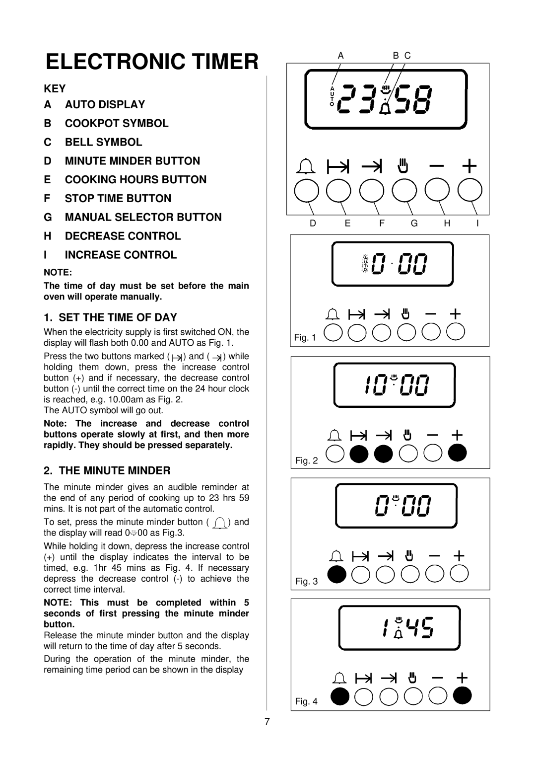 Electrolux D2160 installation instructions Electronic Timer, SET the Time of DAY, Minute Minder, Ab C F G H 