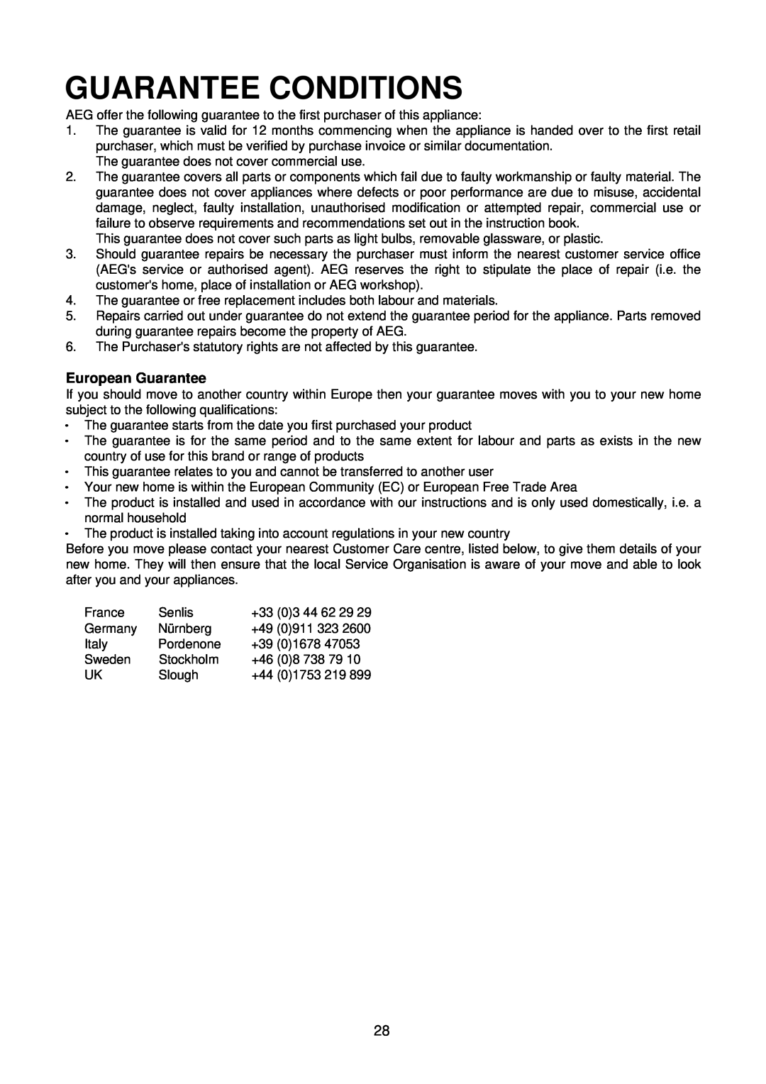 Electrolux D2160 installation instructions Guarantee Conditions, European Guarantee 