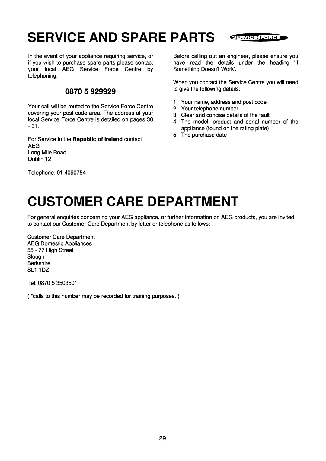 Electrolux D2160 installation instructions Service And Spare Parts, Customer Care Department, 0870 5 