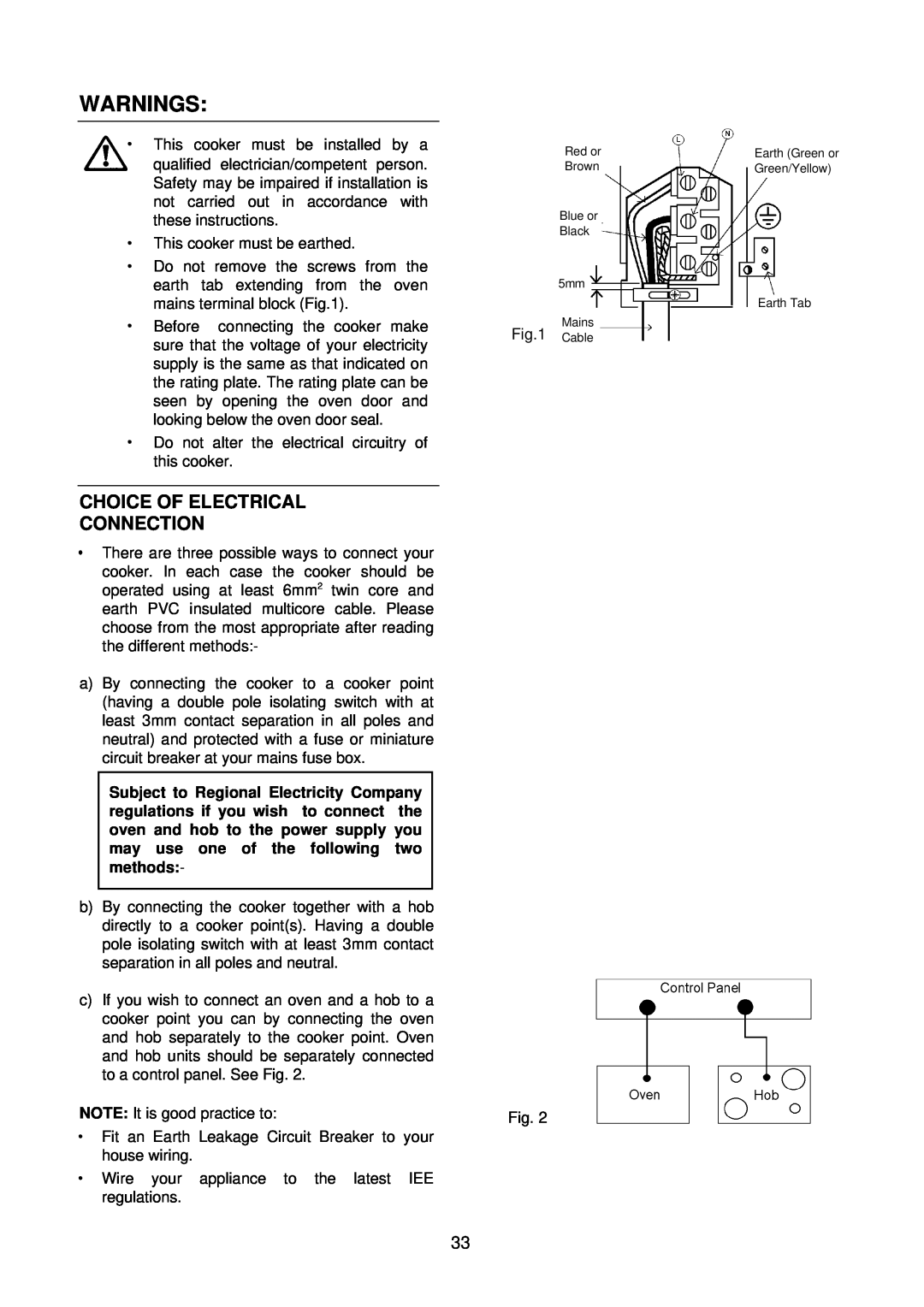 Electrolux D2160 installation instructions Warnings, Choice Of Electrical Connection 