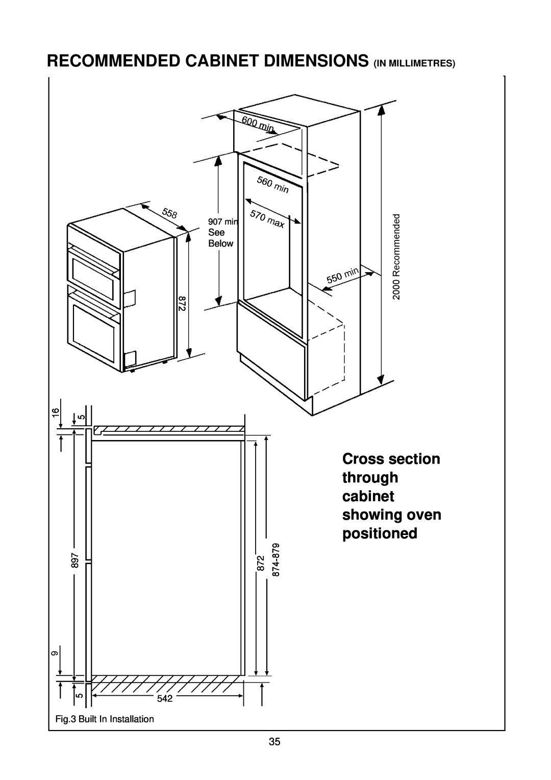 Electrolux D2160 installation instructions Cross section, through, cabinet, showing oven, positioned, 907 min 