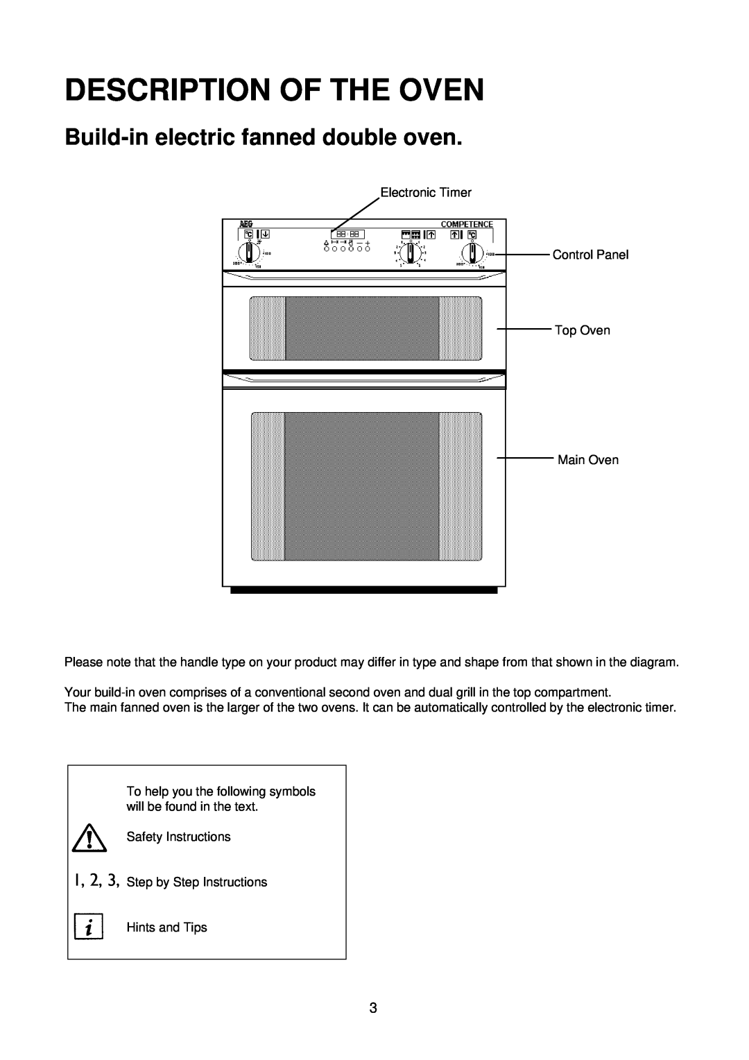 Electrolux D2160 installation instructions Description Of The Oven, Build-in electric fanned double oven 