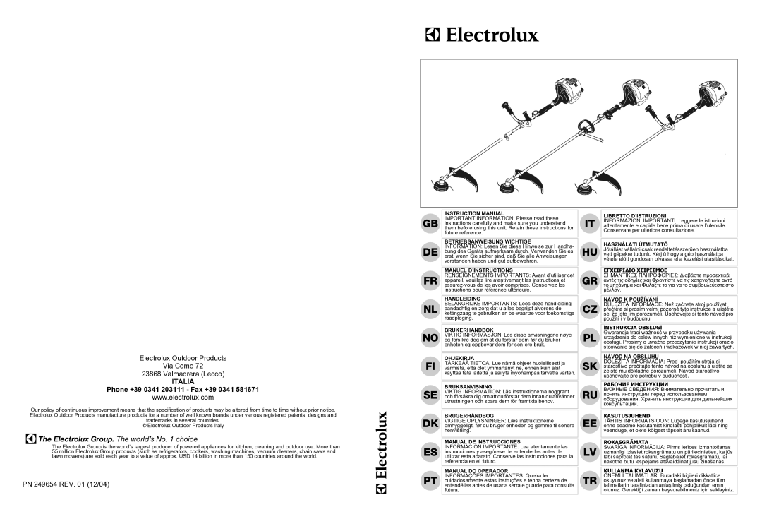 Electrolux 95390024300, D250 instruction manual Electrolux Outdoor Products Via Como Valmadrera Lecco, PN 249654 REV 12/04 