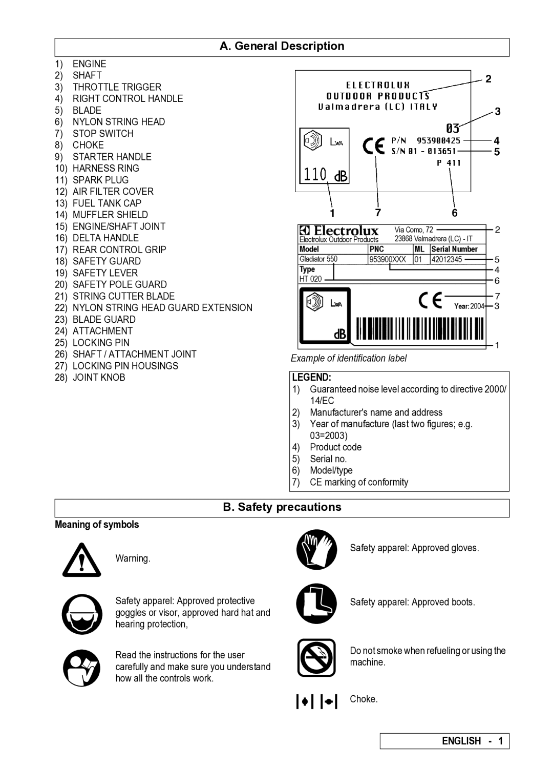 Electrolux 262, D250, 95390024300, 95390024400, 95390044500, 251 General Description, Safety precautions, Meaning of symbols 