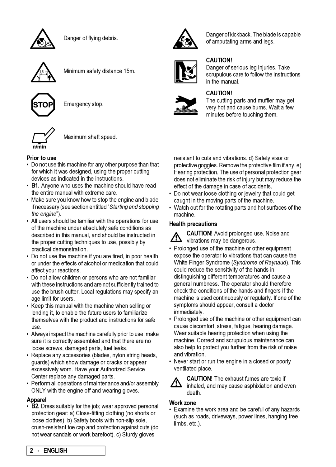 Electrolux 251, D250, 95390024300, 95390024400, 95390044500, 262, 290, 291 Prior to use, Apparel, Health precautions, Work zone 