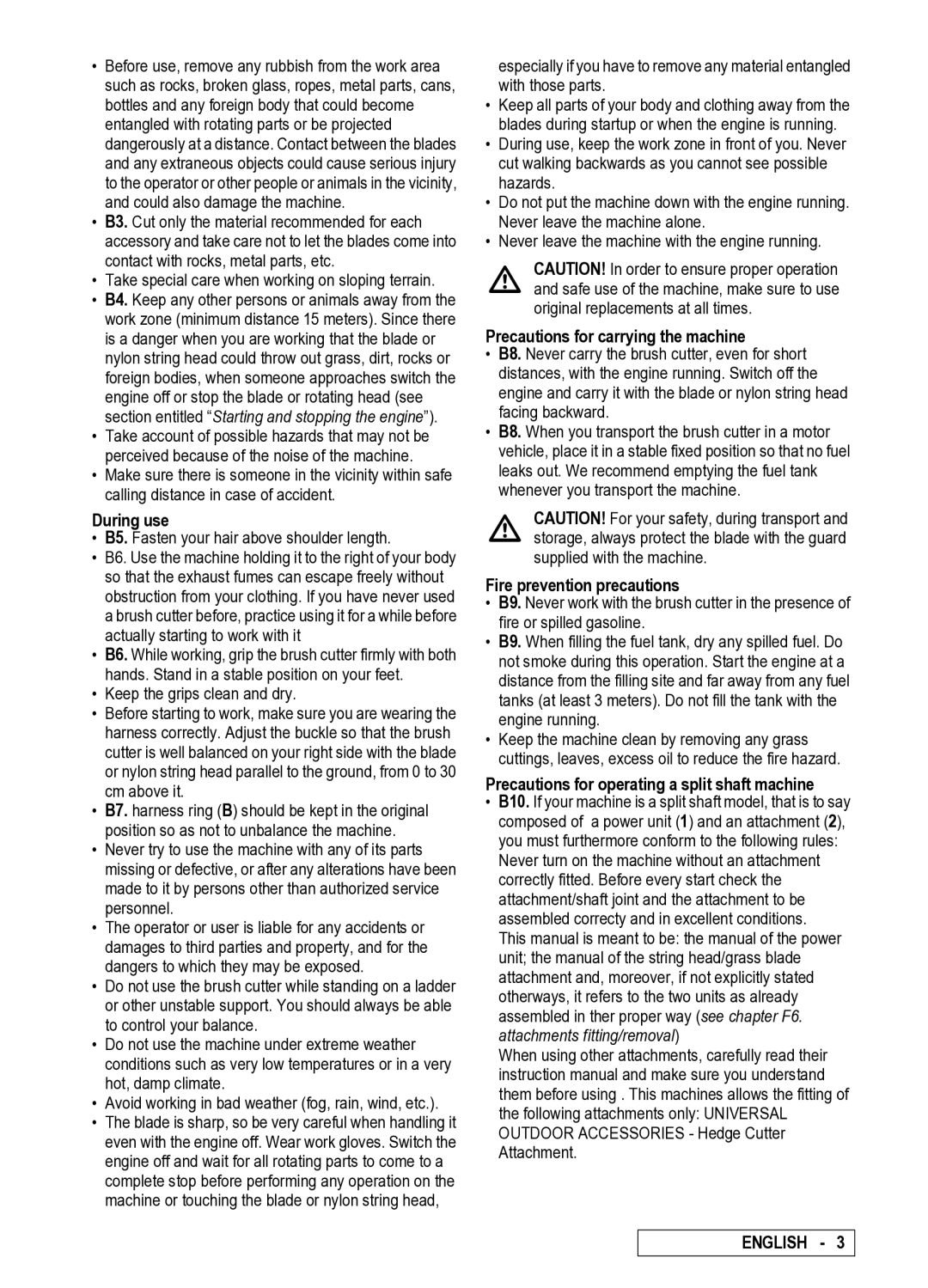 Electrolux 290, D250, 95390024300, 95390024400 During use, Precautions for carrying the machine, Fire prevention precautions 