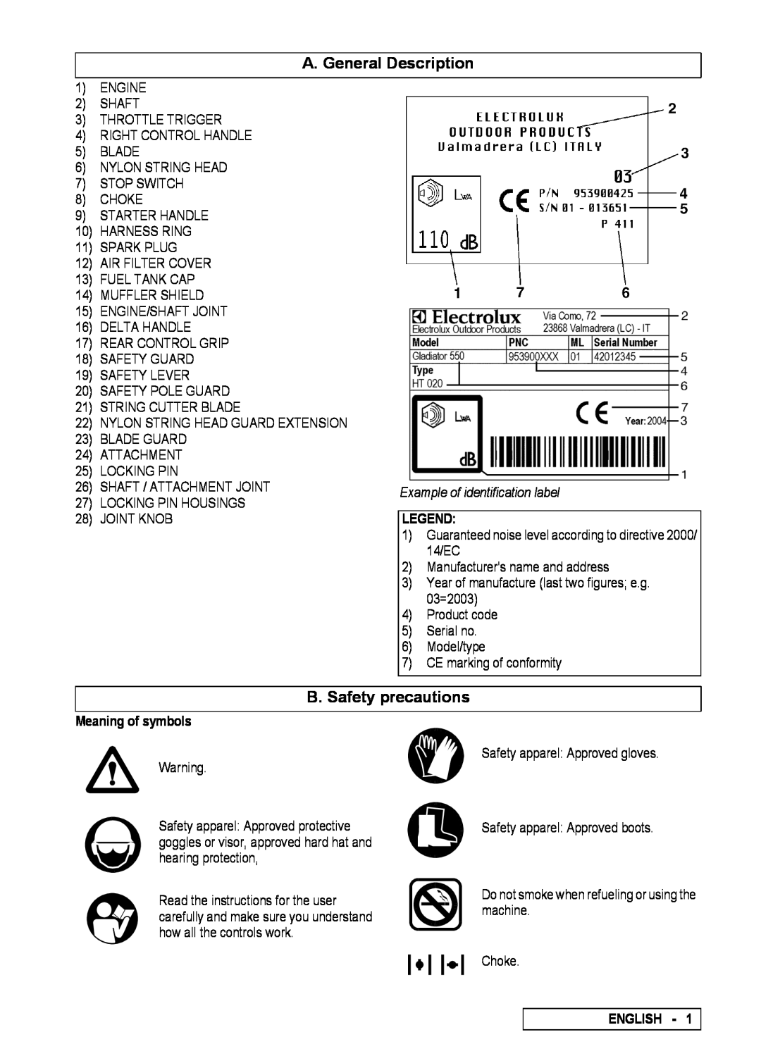 Electrolux 262 A. General Description, B. Safety precautions, Example of identification label, Meaning of symbols, English 