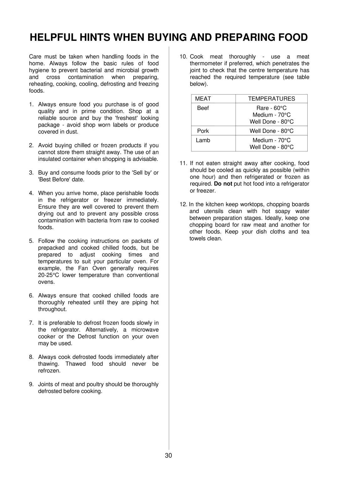 Electrolux D4100-1 operating instructions Helpful Hints When Buying and Preparing Food, Meat Temperatures 