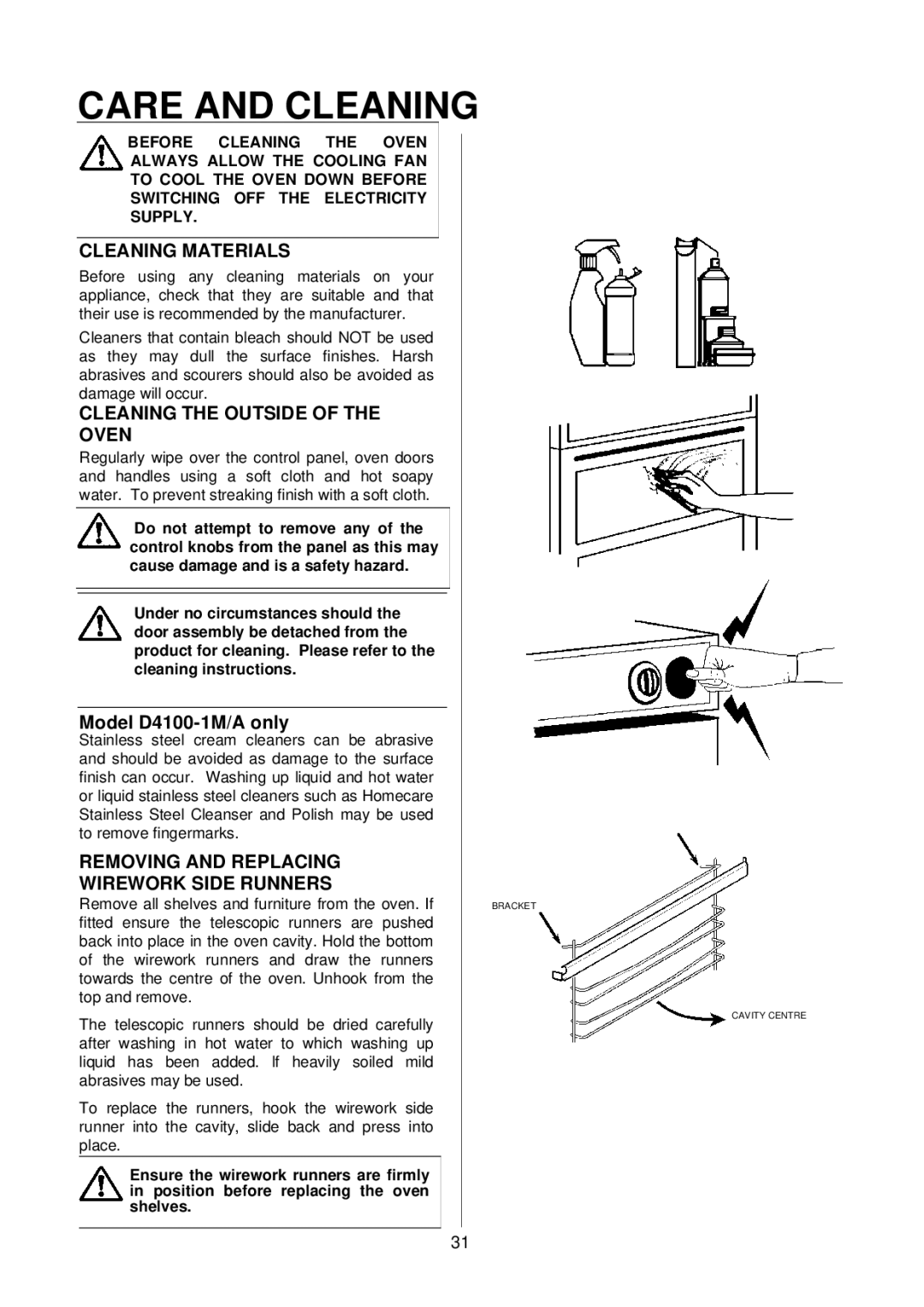 Electrolux D4100-1 operating instructions Care and Cleaning, Cleaning Materials, Cleaning the Outside of the Oven 