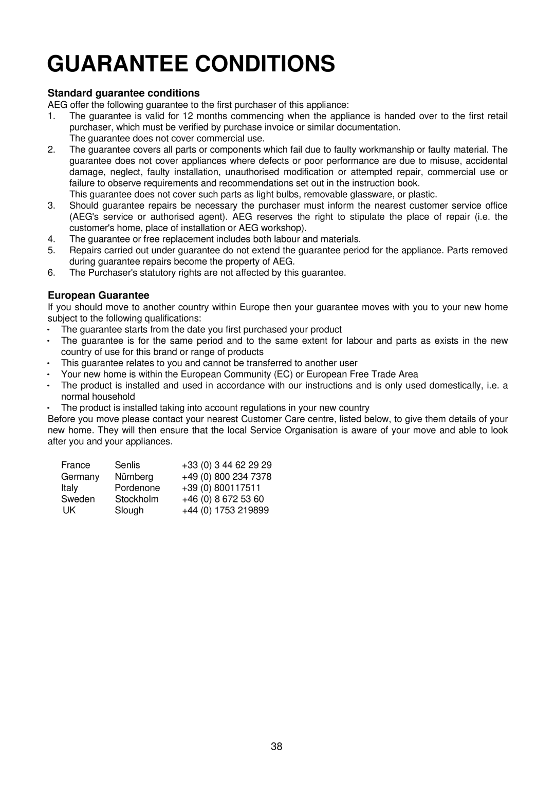 Electrolux D4100-1 operating instructions Guarantee Conditions, Standard guarantee conditions 