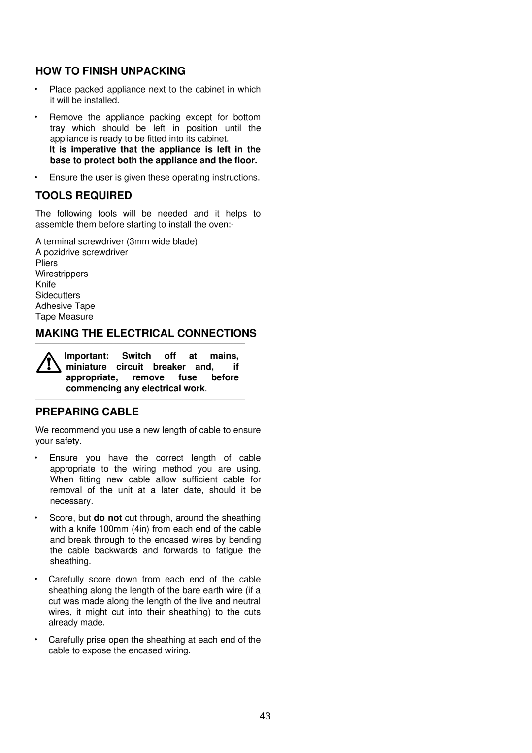 Electrolux D4100-1 HOW to Finish Unpacking, Tools Required, Making the Electrical Connections, Preparing Cable 