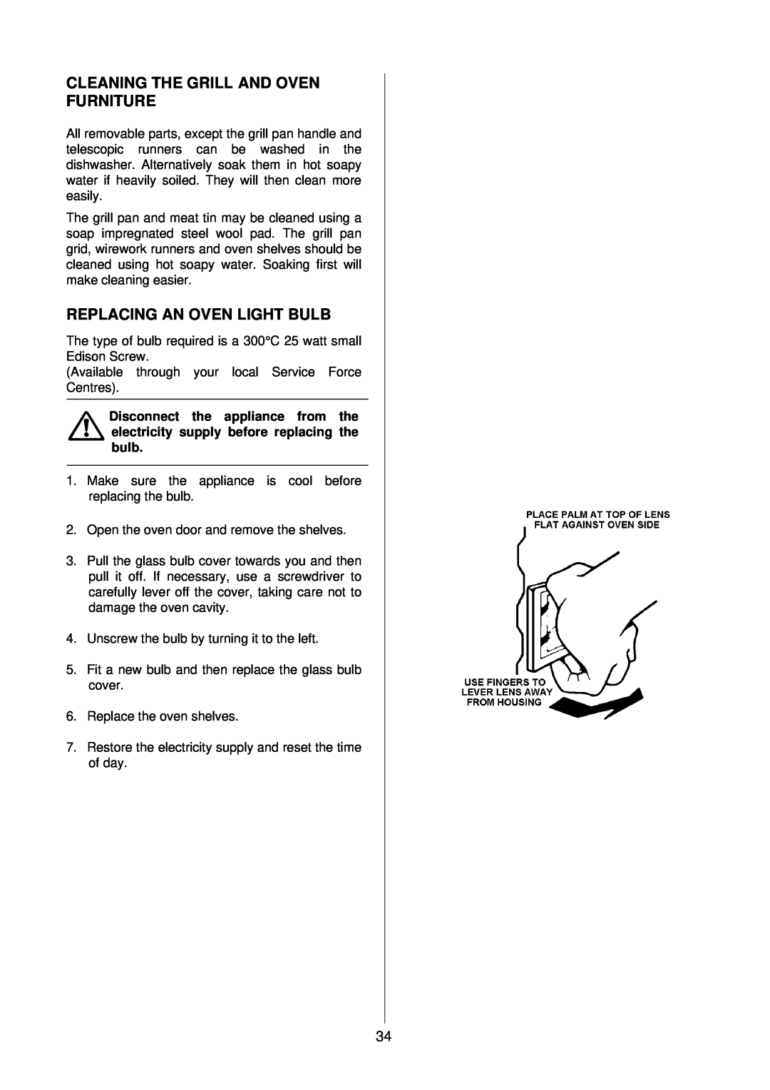 Electrolux D4100-1 operating instructions Cleaning The Grill And Oven Furniture, Replacing An Oven Light Bulb 