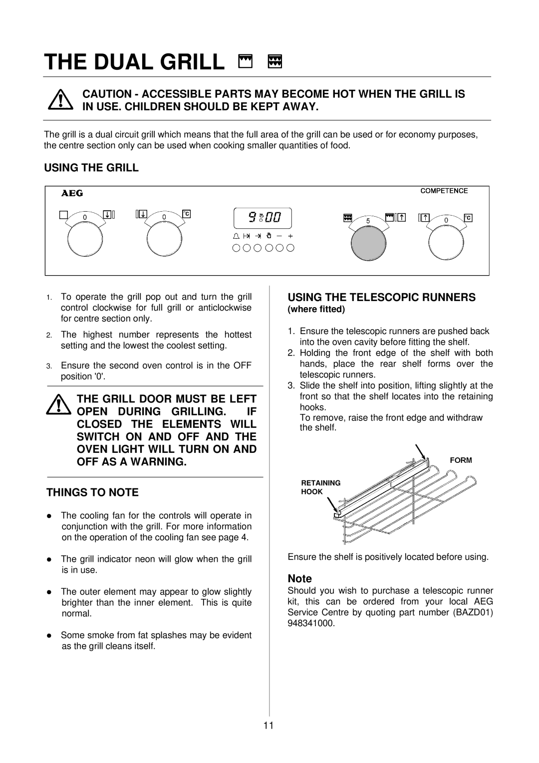 Electrolux D4100 installation instructions Dual Grill, Using the Grill, Using the Telescopic Runners 