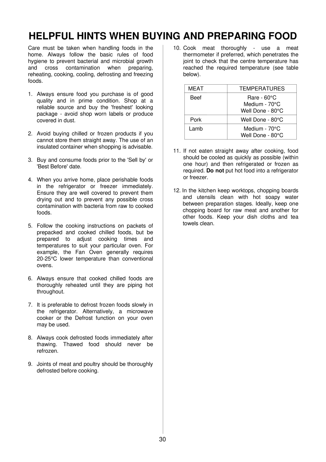 Electrolux D4100 installation instructions Helpful Hints When Buying and Preparing Food, Meat Temperatures 