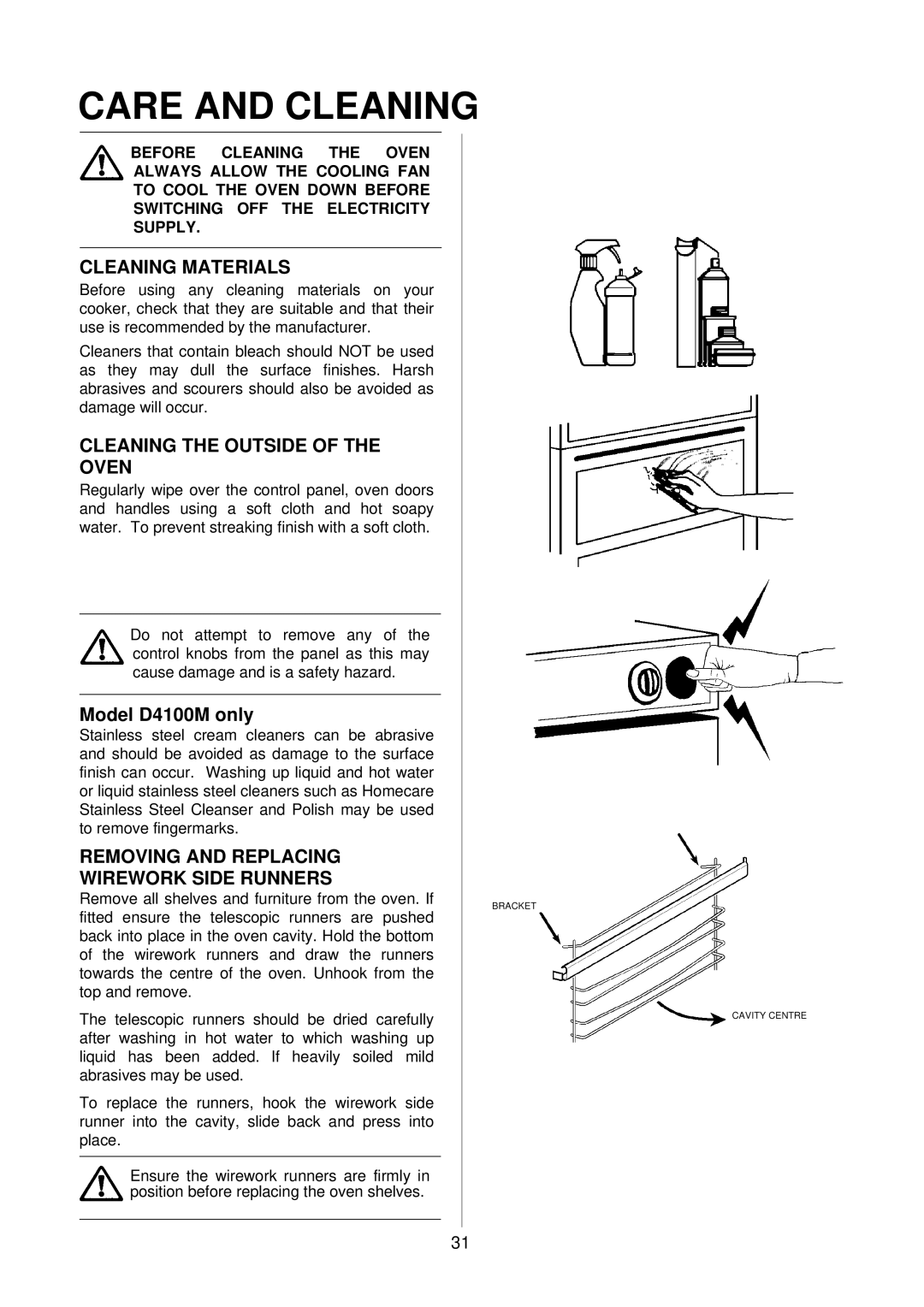 Electrolux D4100 installation instructions Care and Cleaning, Cleaning Materials, Cleaning the Outside of the Oven 