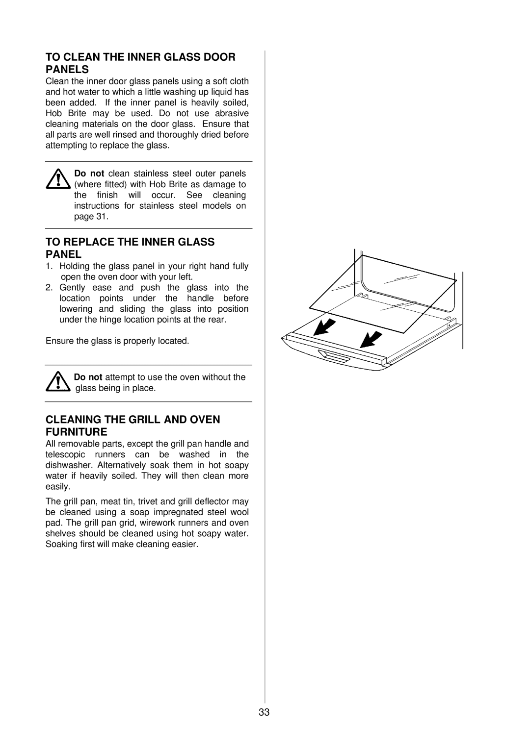 Electrolux D4100 installation instructions To Clean the Inner Glass Door Panels, To Replace the Inner Glass Panel 