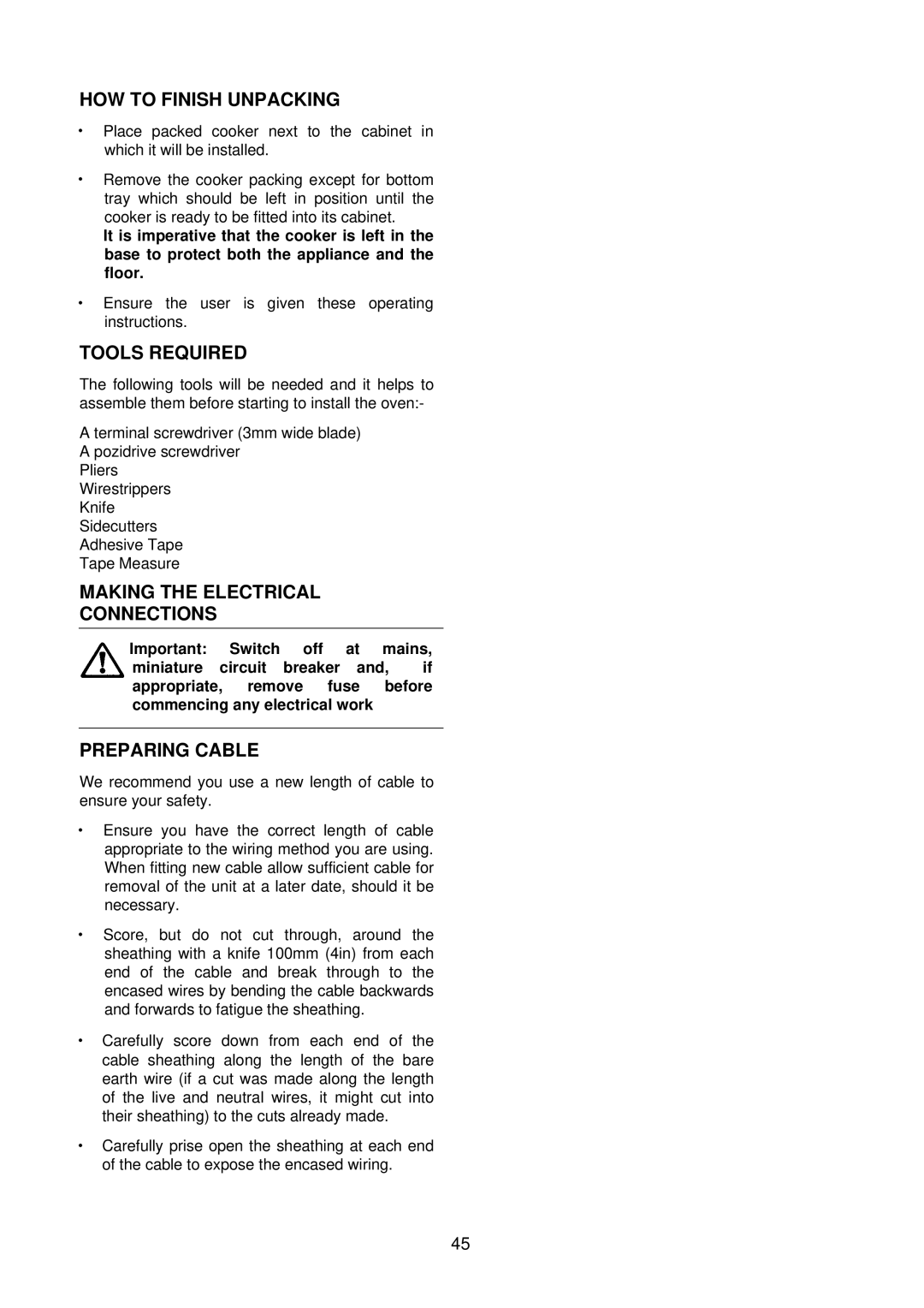 Electrolux D4100 HOW to Finish Unpacking, Tools Required, Making the Electrical Connections, Preparing Cable 