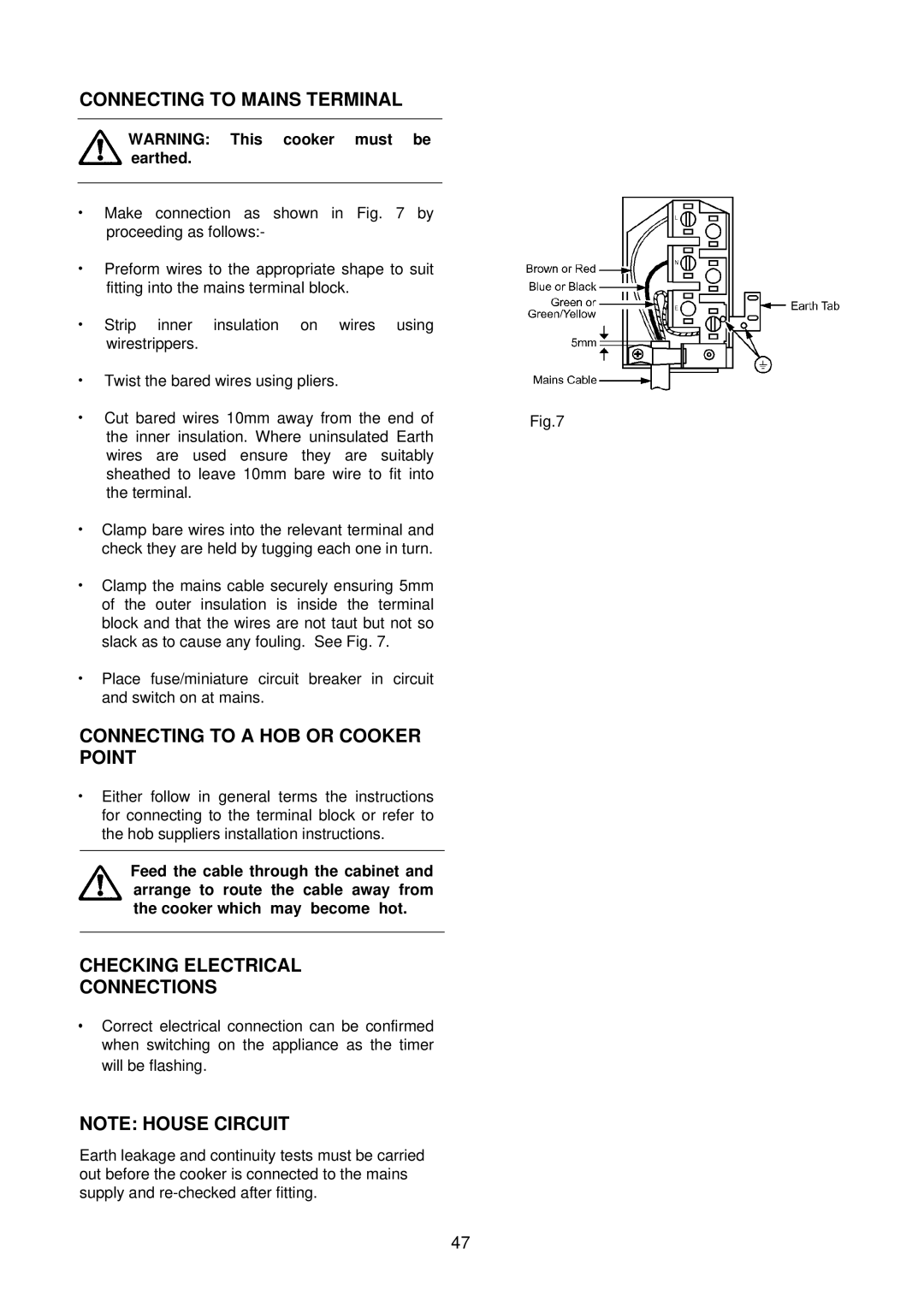 Electrolux D4100 Connecting to Mains Terminal, Connecting to a HOB or Cooker Point, Checking Electrical Connections 