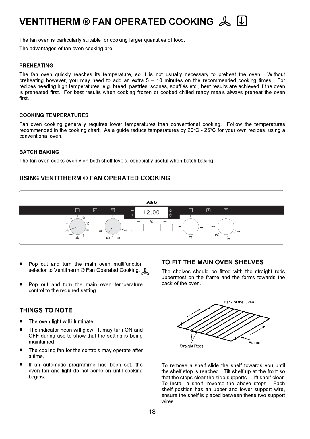 Electrolux D4101-4 operating instructions Using Ventitherm FAN Operated Cooking, To FIT the Main Oven Shelves 