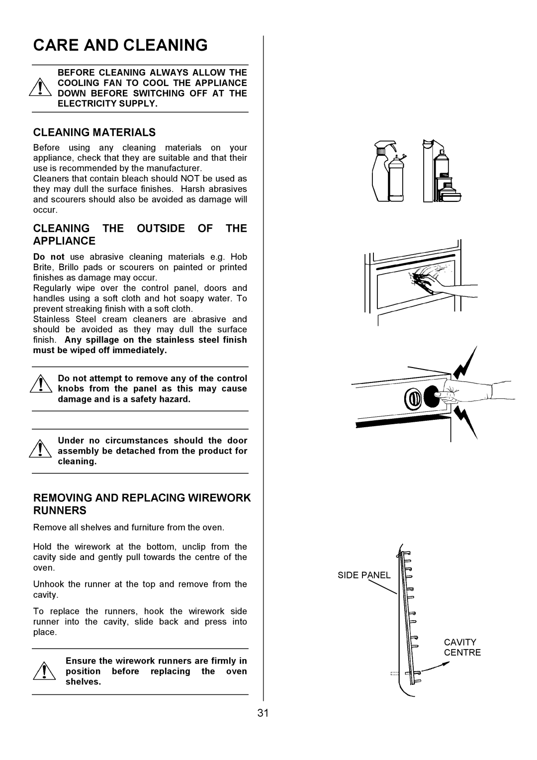 Electrolux D4101-4 Care and Cleaning, Cleaning Materials, Cleaning the Outside of the Appliance, Side Panel Cavity Centre 