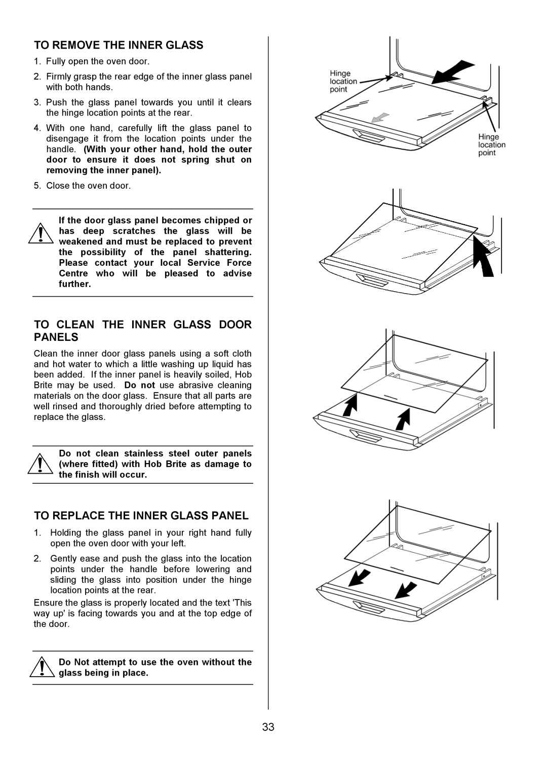 Electrolux D4101-4 To Remove the Inner Glass, To Clean the Inner Glass Door Panels, To Replace the Inner Glass Panel 