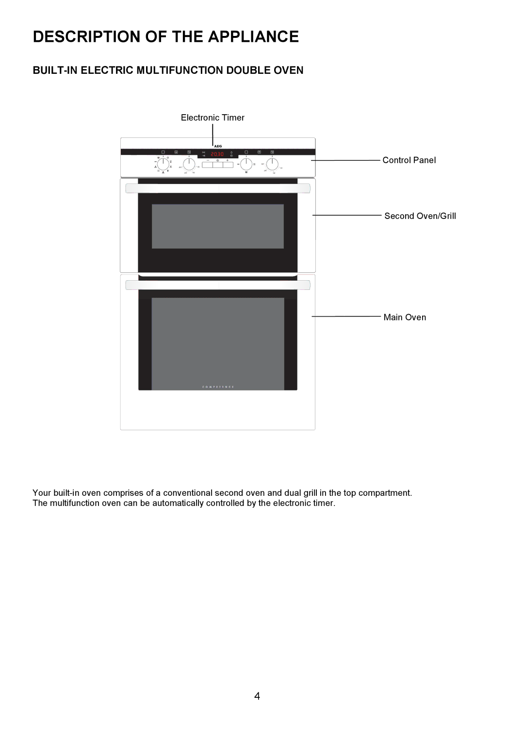 Electrolux D4101-4 operating instructions Description of the Appliance, BUILT-IN Electric Multifunction Double Oven 