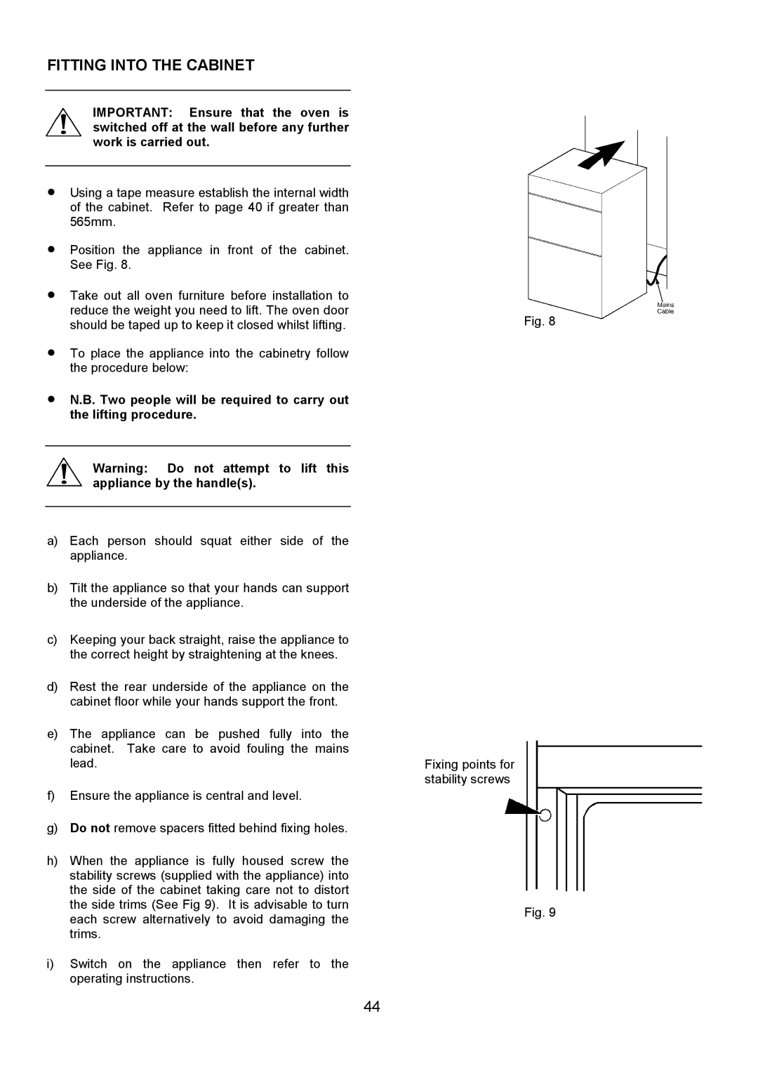 Electrolux D4101-4 operating instructions Fitting Into the Cabinet 