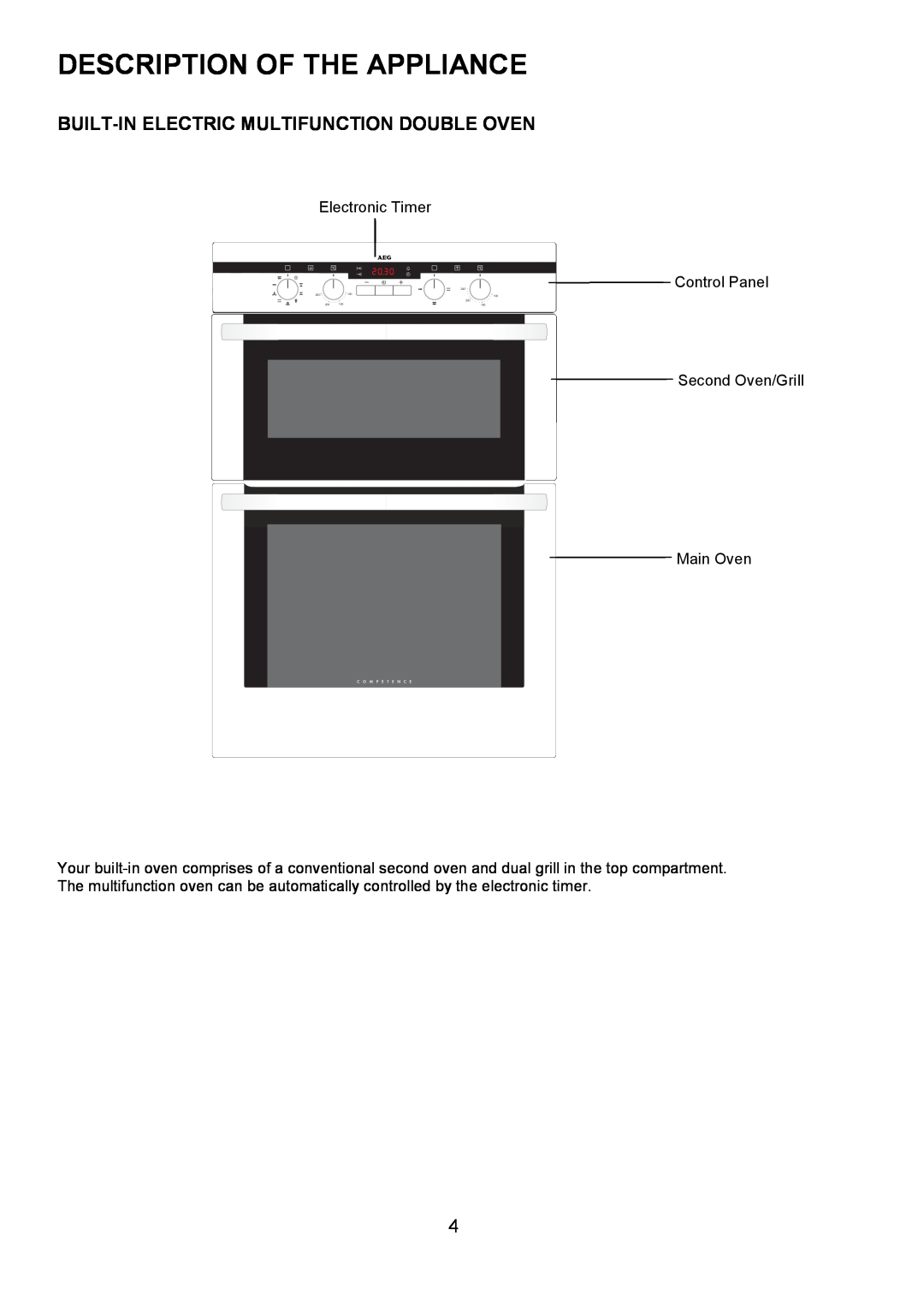 Electrolux D4101-4 Description Of The Appliance, Built-Inelectric Multifunction Double Oven, 240, 100 