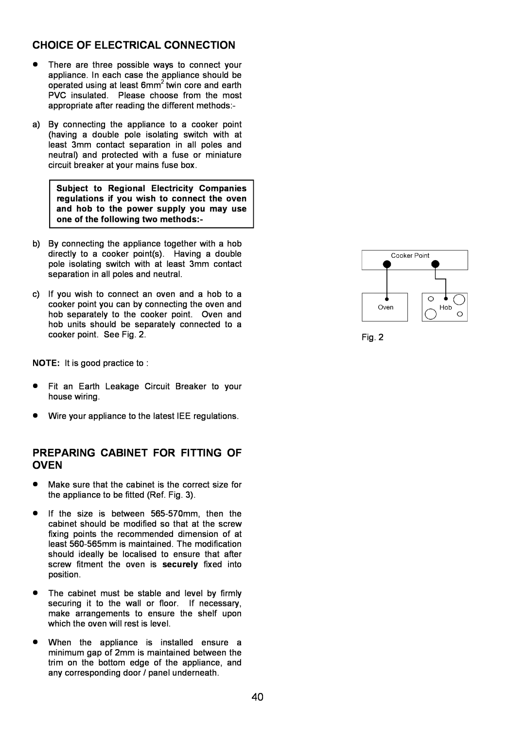 Electrolux D4101-4 operating instructions Choice Of Electrical Connection, Preparing Cabinet For Fitting Of Oven 