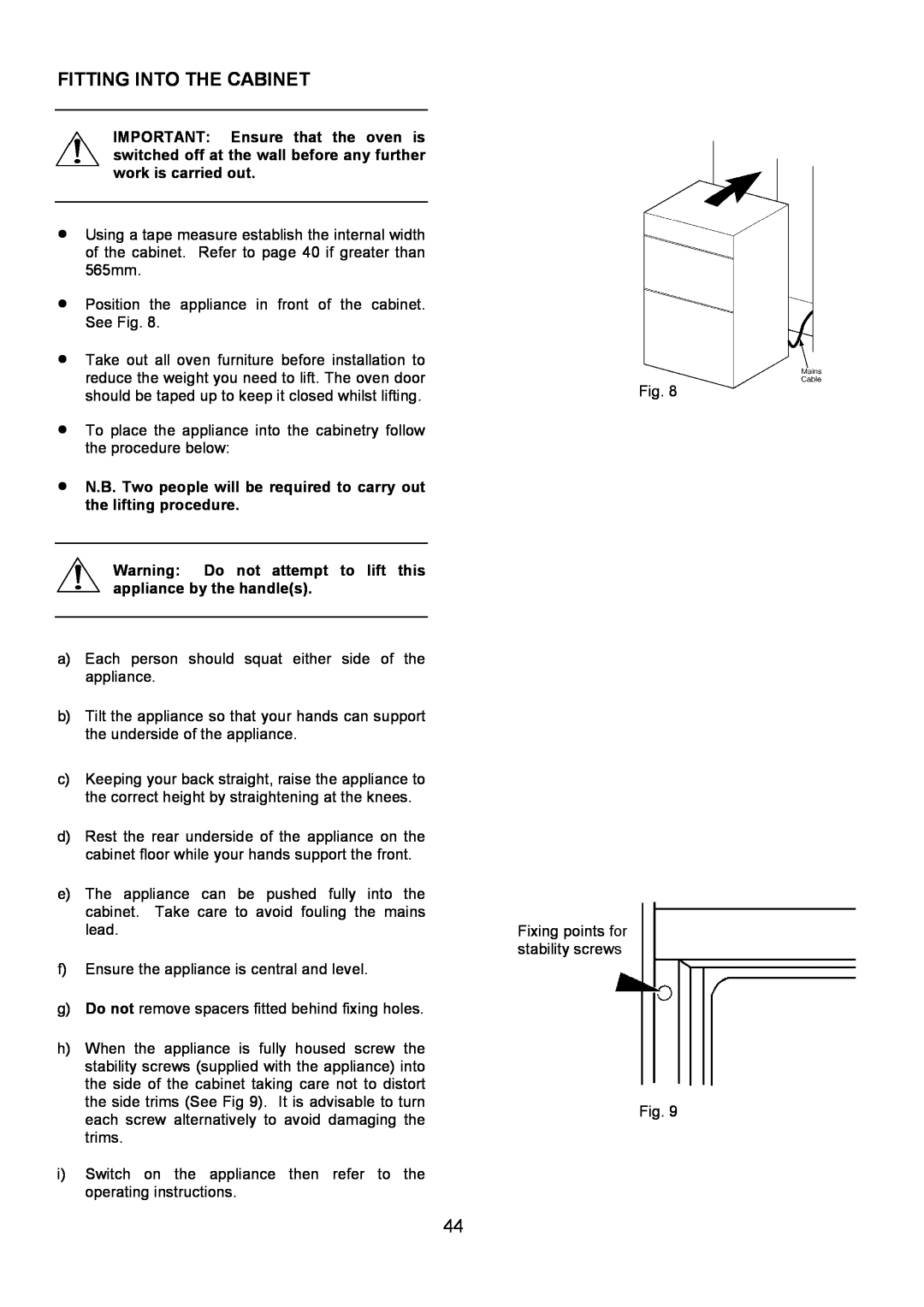 Electrolux D4101-4 operating instructions Fitting Into The Cabinet 