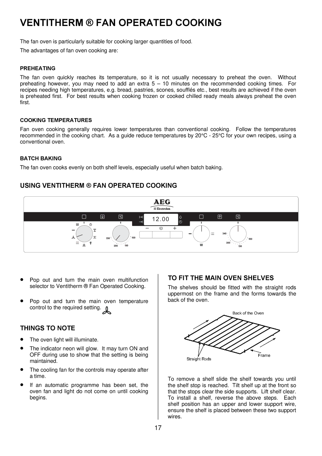 Electrolux D4101-5 manual Using Ventitherm FAN Operated Cooking, To FIT the Main Oven Shelves 