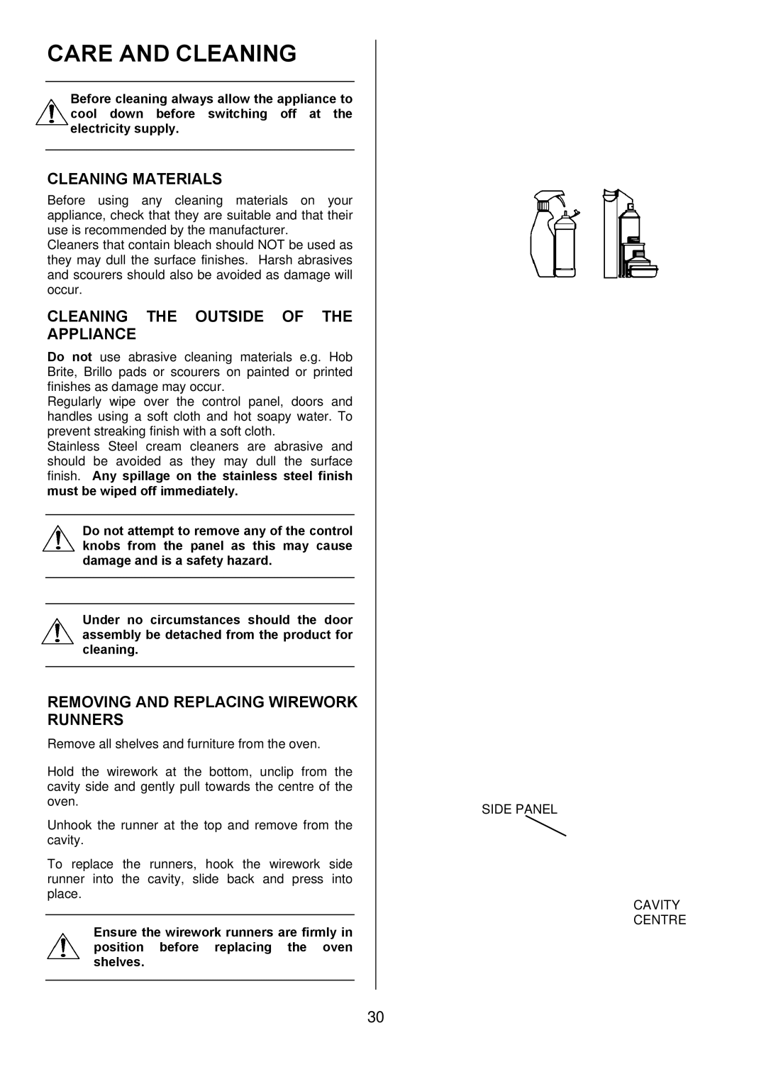 Electrolux D4101-5 Care and Cleaning, Cleaning Materials, Cleaning the Outside of the Appliance, Side Panel Cavity Centre 