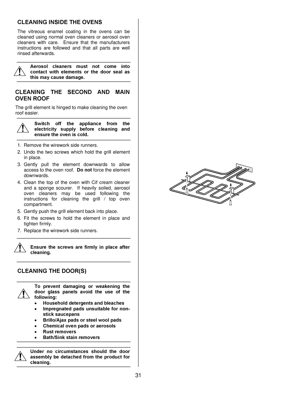 Electrolux D4101-5 manual Cleaning Inside the Ovens, Cleaning the Second and Main Oven Roof, Cleaning the Doors 