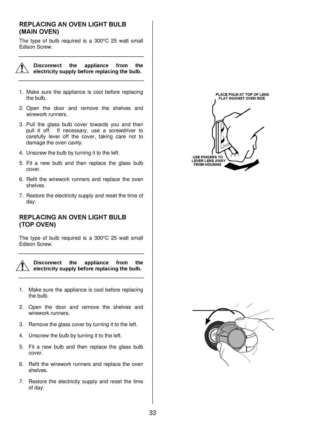 Electrolux D4101-5 manual Replacing AN Oven Light Bulb Main Oven, Replacing AN Oven Light Bulb TOP Oven 