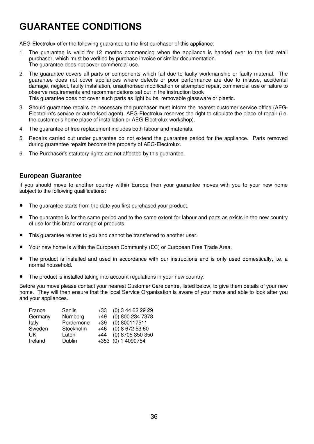 Electrolux D4101-5 manual Guarantee Conditions, European Guarantee 