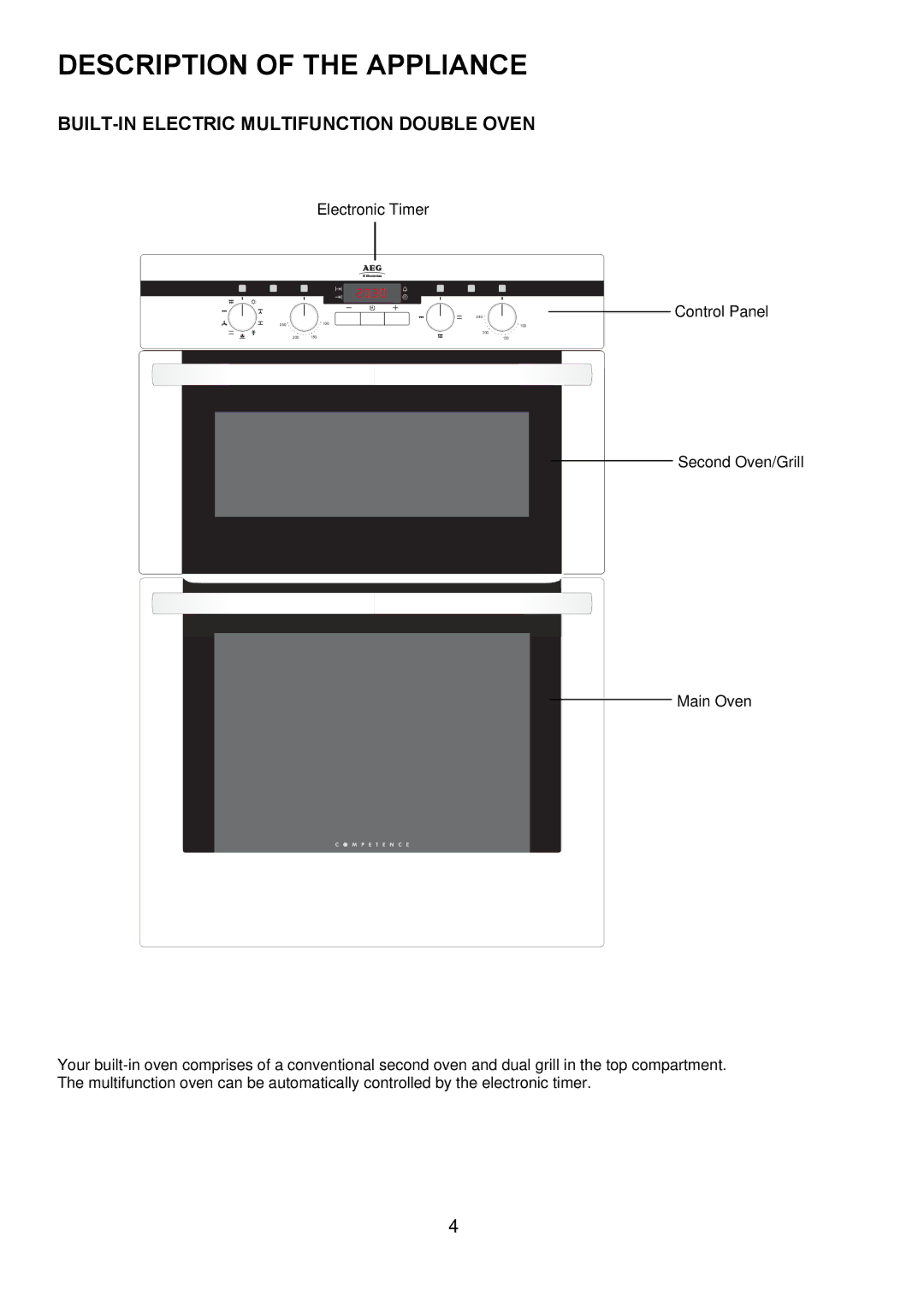 Electrolux D4101-5 manual Description of the Appliance, BUILT-IN Electric Multifunction Double Oven 