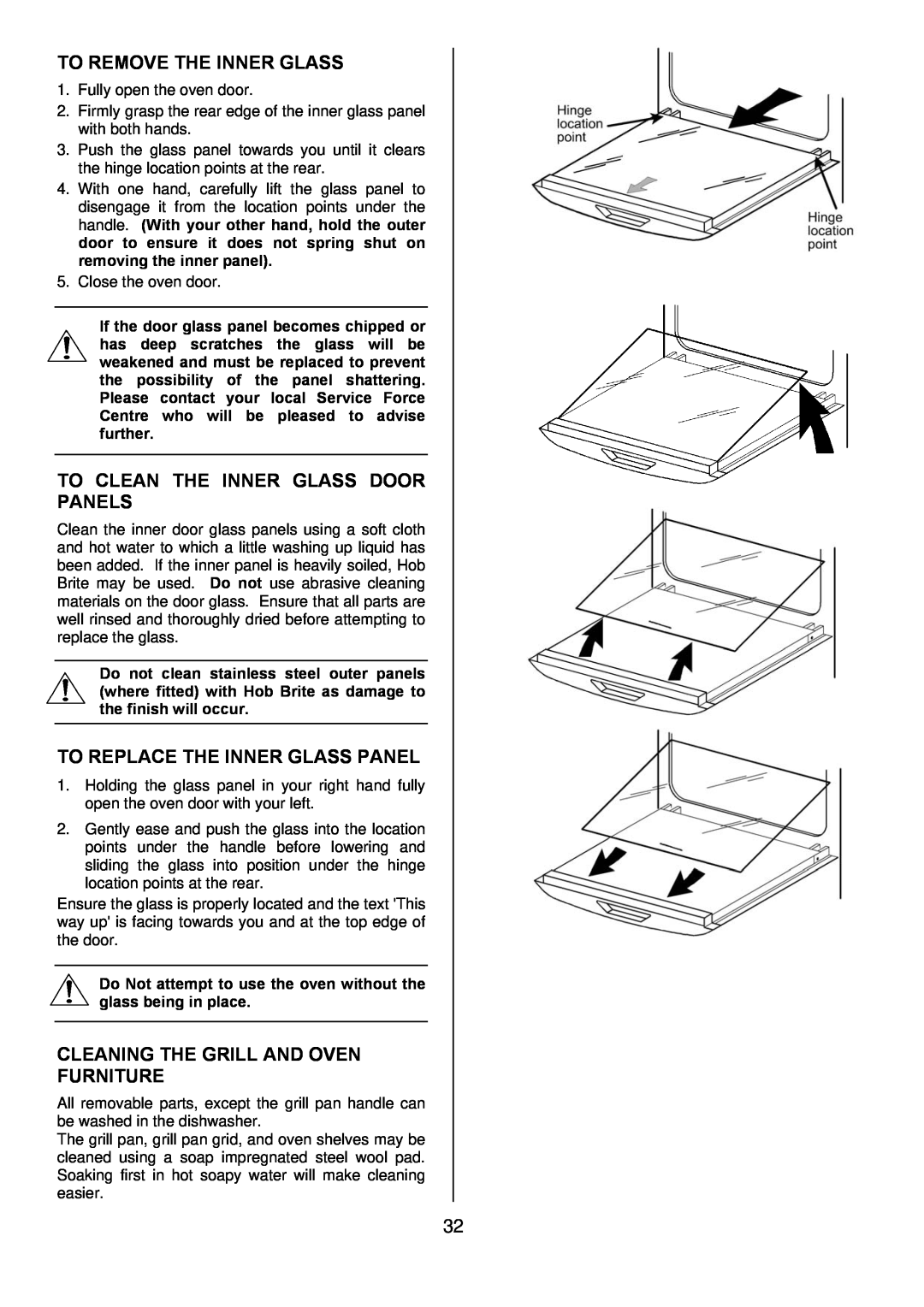 Electrolux D4101-5 manual To Remove The Inner Glass, To Clean The Inner Glass Door Panels, To Replace The Inner Glass Panel 