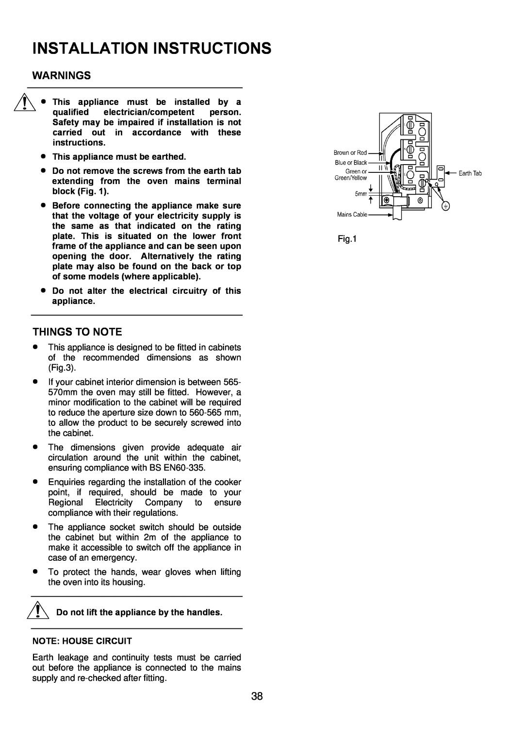 Electrolux D4101-5 Installation Instructions, Warnings, This appliance must be installed, by a, instructions, block Fig 