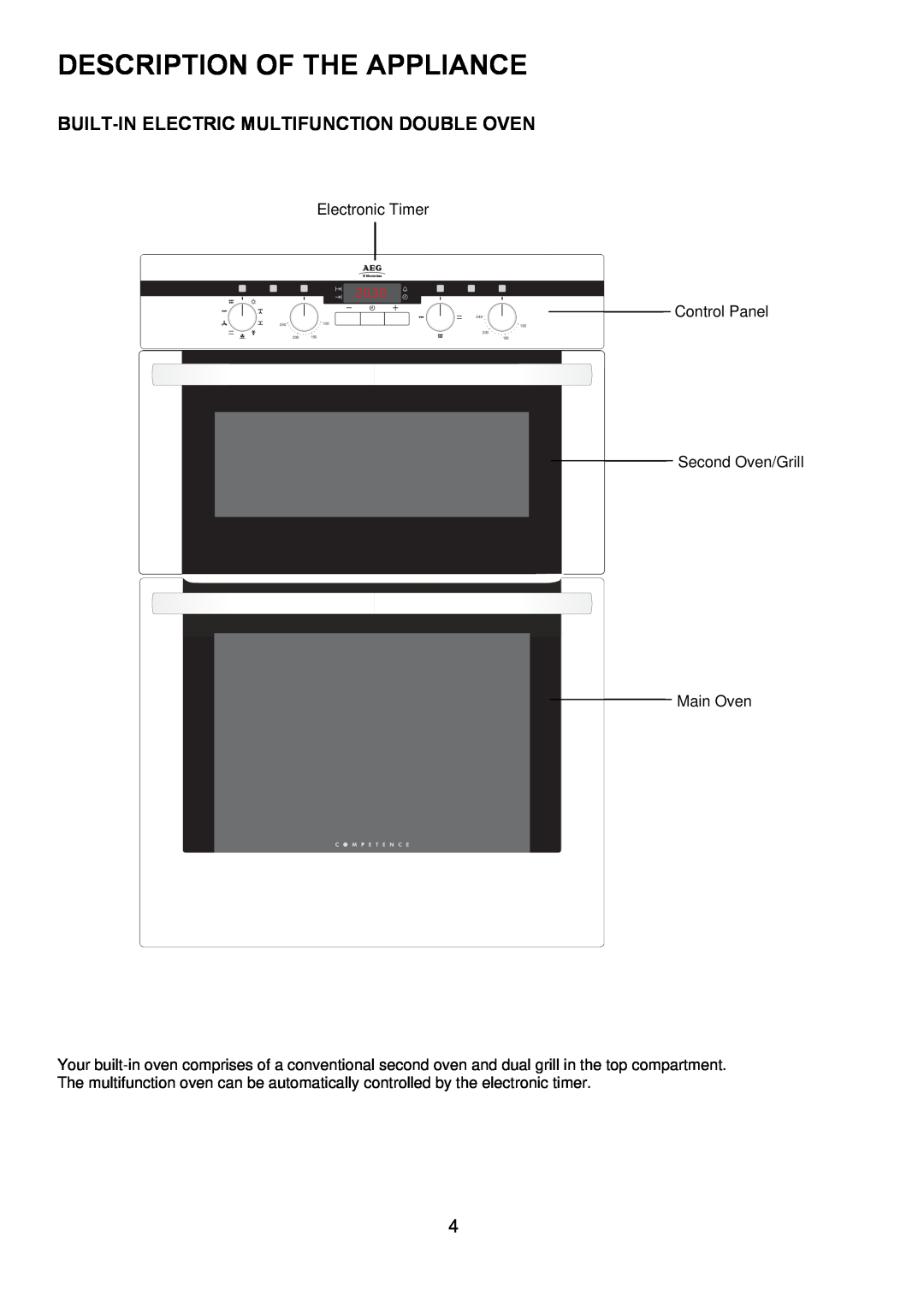 Electrolux D4101-5 Description Of The Appliance, Built-In Electric Multifunction Double Oven, 250 200, 240 100 200 150 